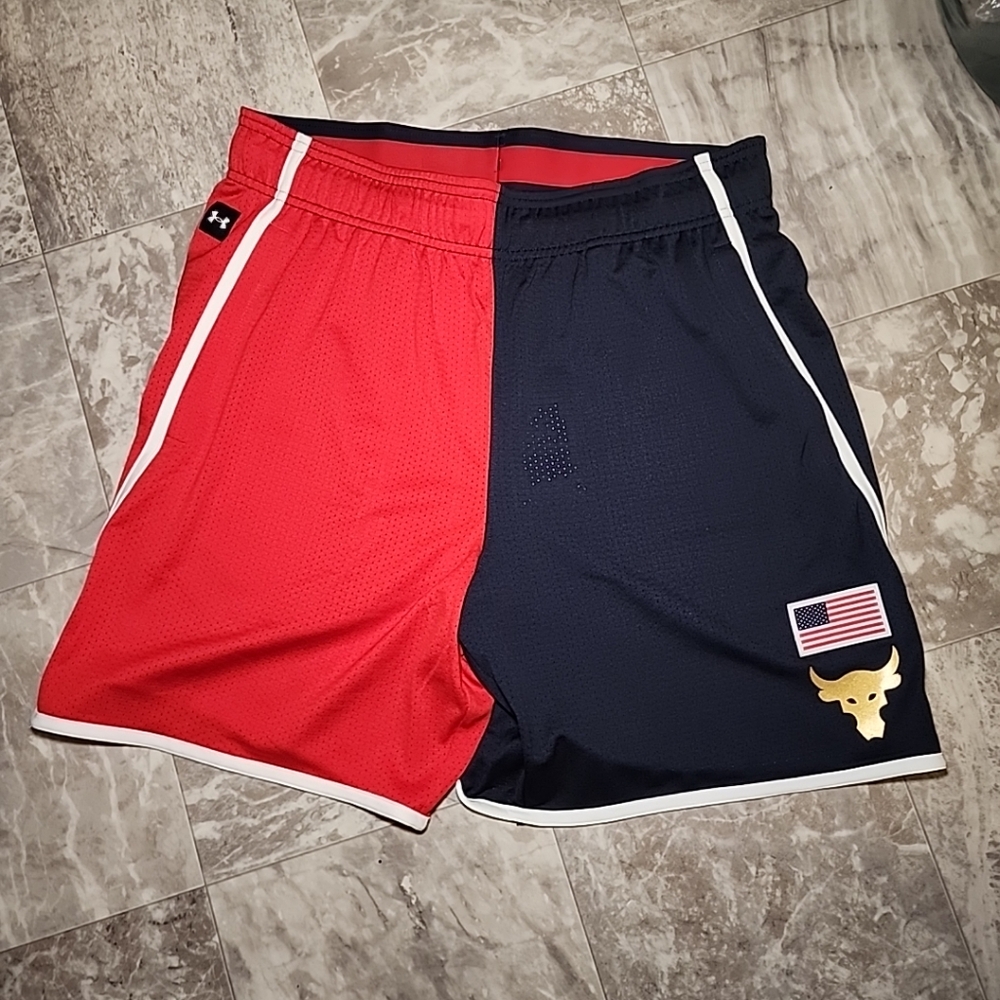 Under Armour Project Rock Red White Blue USA Flag Loose Training Shorts Men